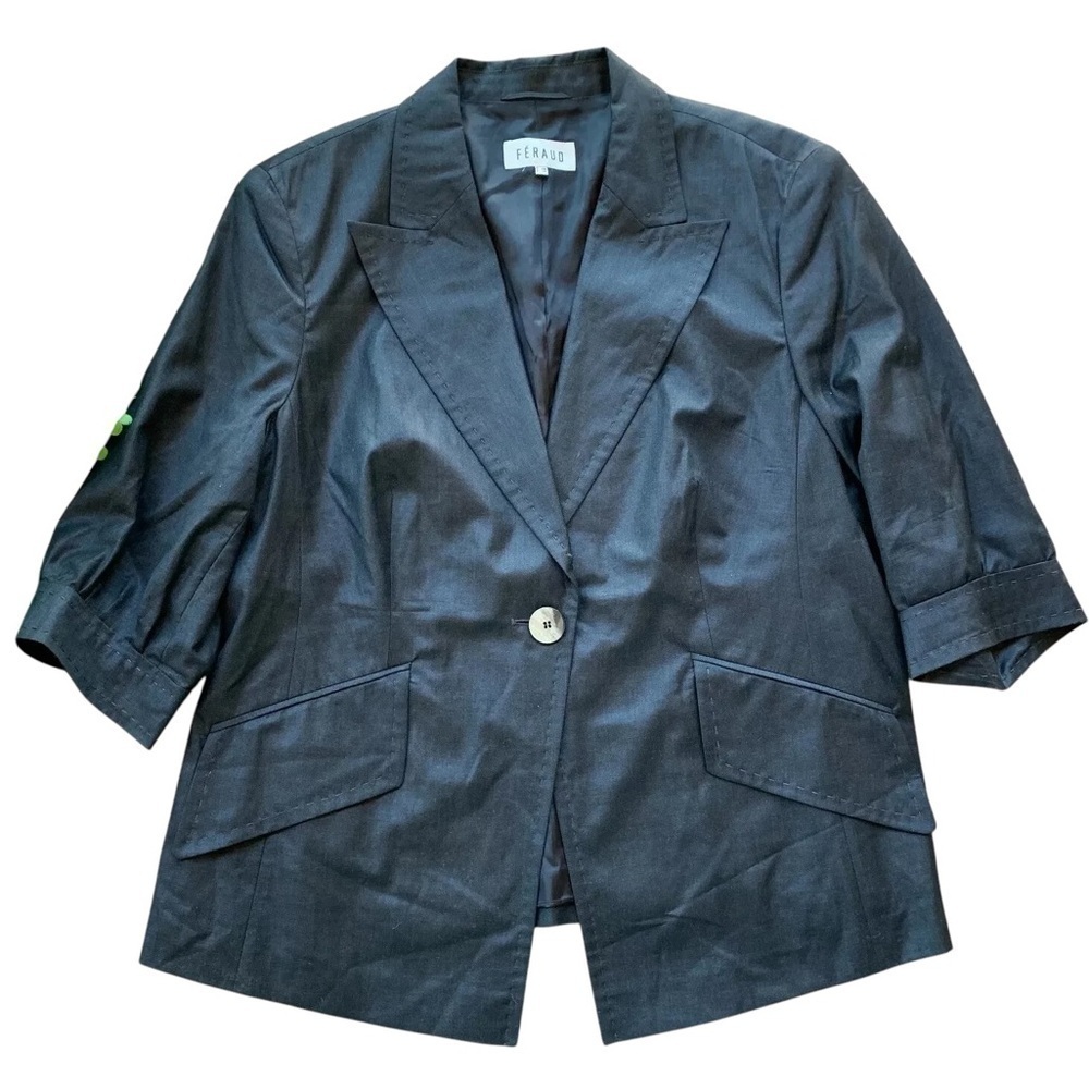 Feraud Virgin Wool Short Sleeve Buttoned Blazer Jacket Dark Gray Size FR48 US 16